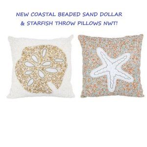 COASTAL BEADED SAND DOLLAR & STARFISH 14" X 14" THROW PILLOWS/DECOR CASES🆕HP